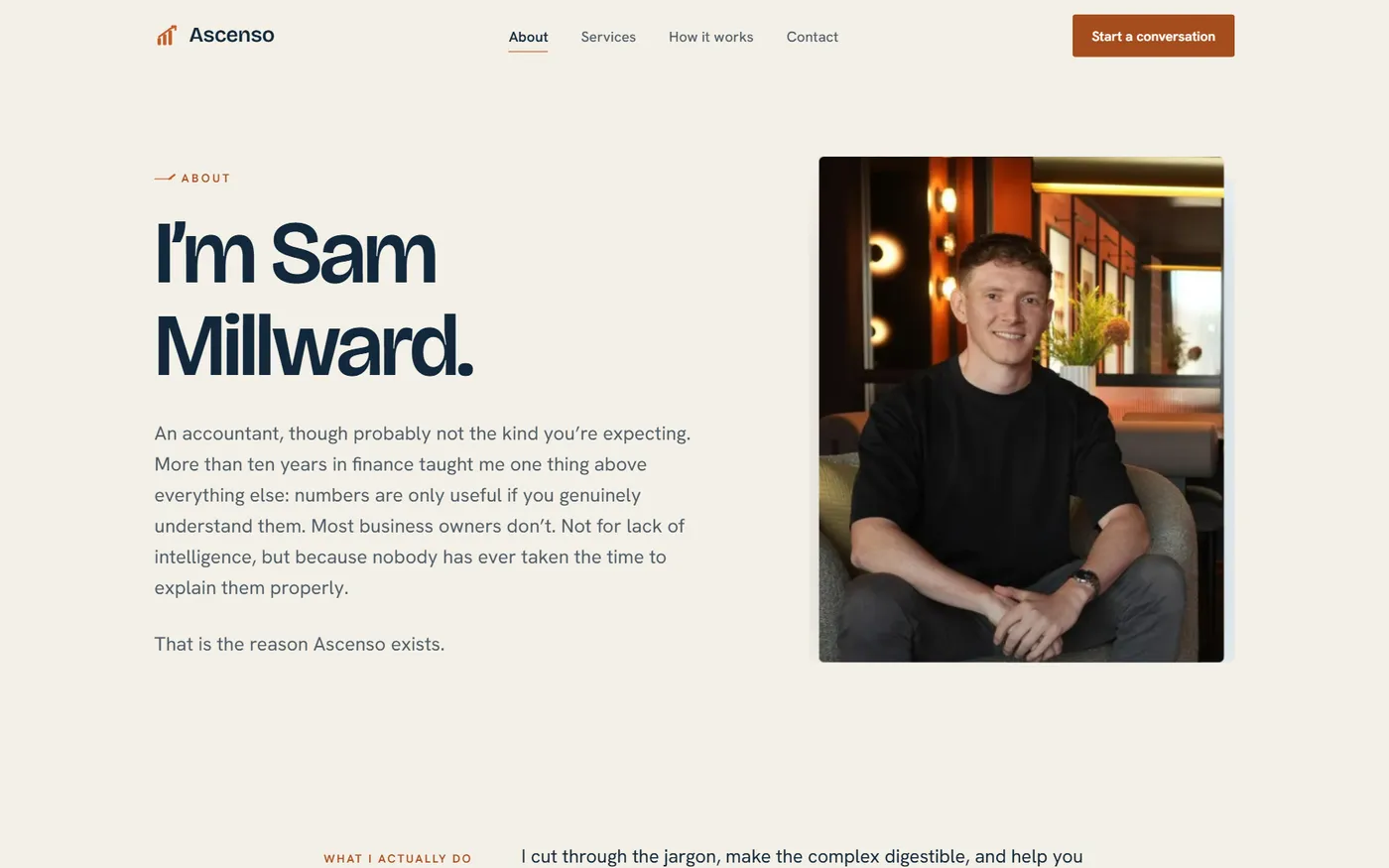 Ascenso about page: “I’m Sam Millward.” with his portrait