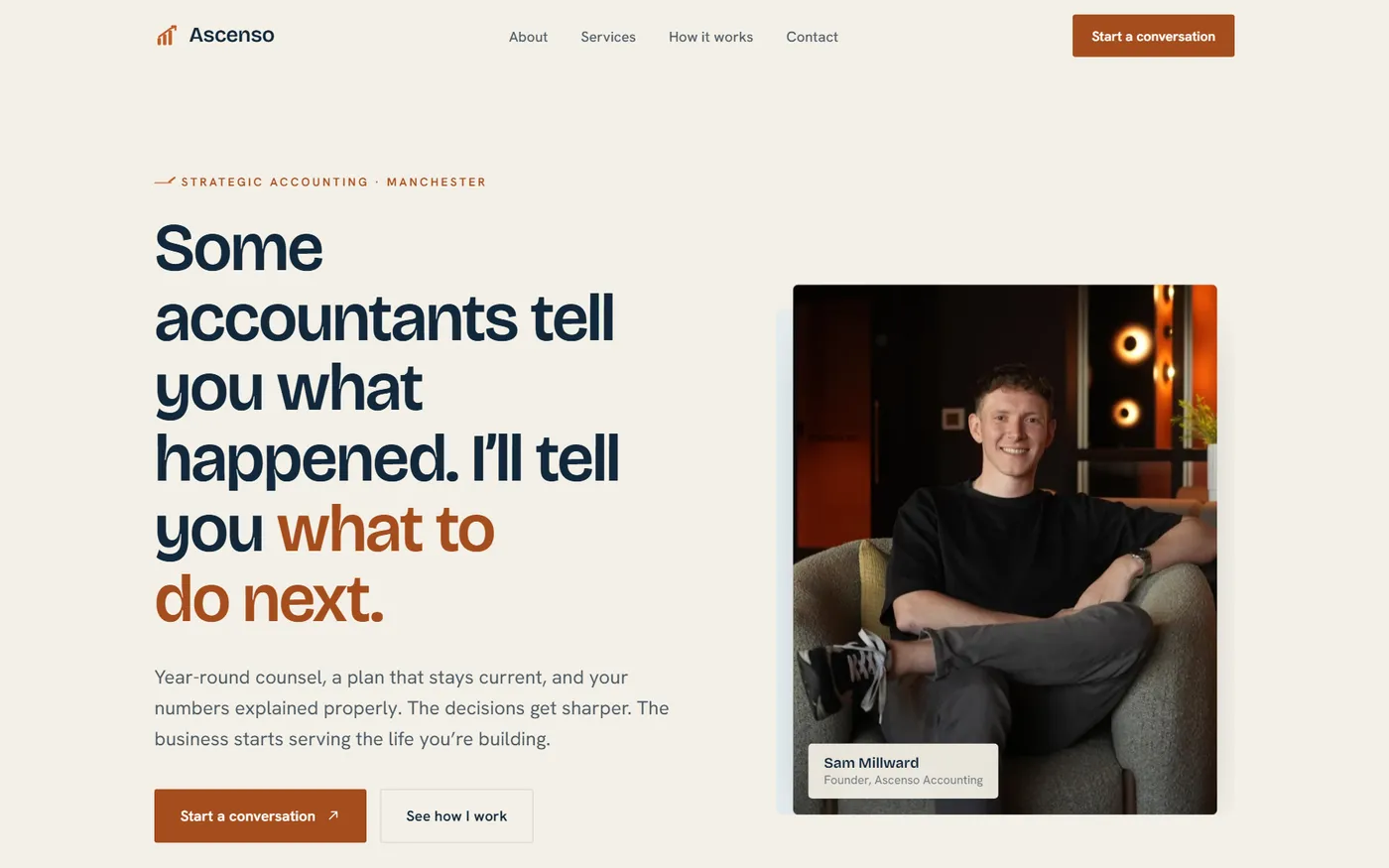 Ascenso homepage: Sam’s line “Some accountants tell you what happened. I’ll tell you what to do next.” beside his portrait