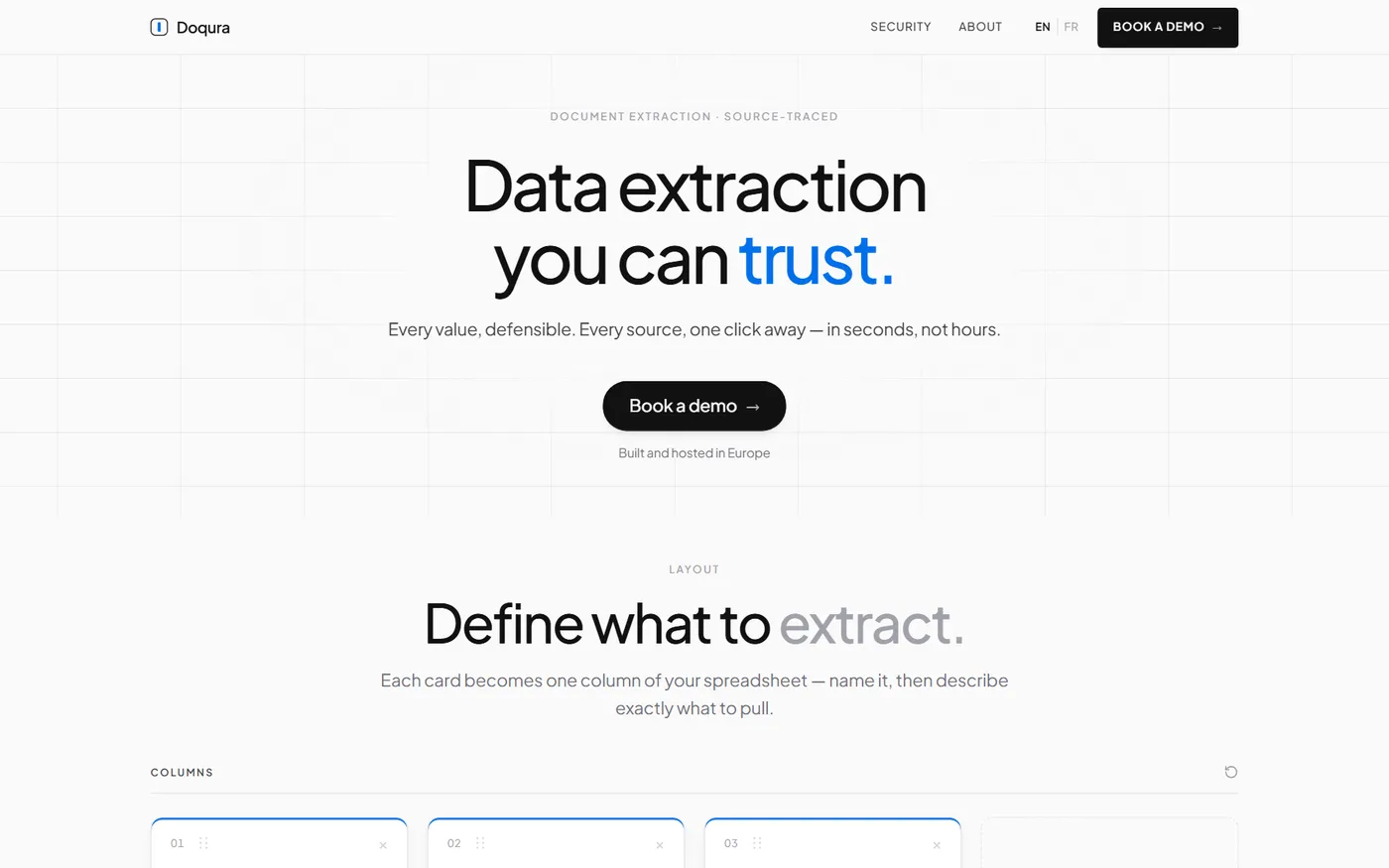 Doqura homepage: “Data extraction you can trust.” with a Book a demo button
