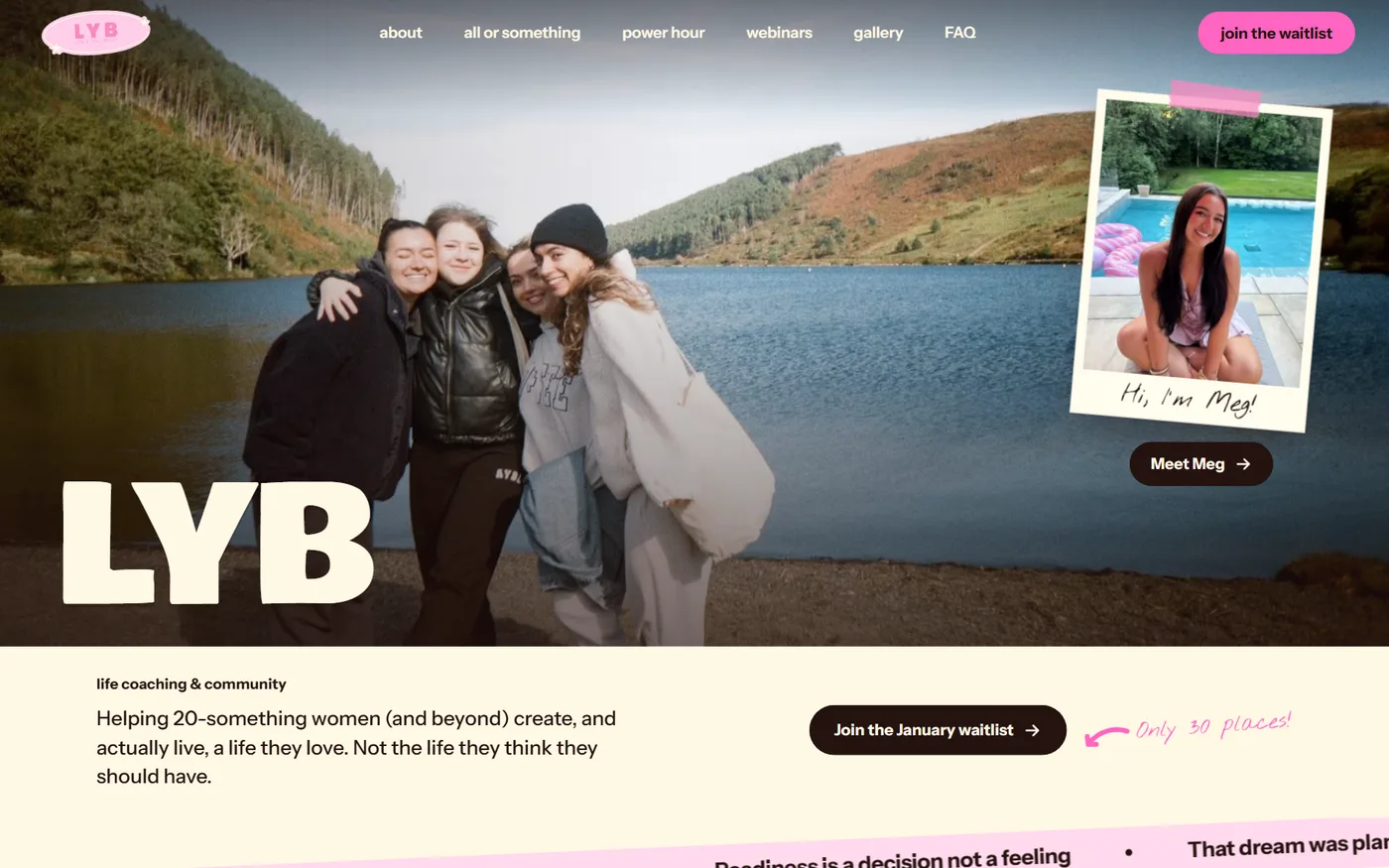 LYB homepage: her community by a lake, with a polaroid of Megan and a Join the January waitlist button