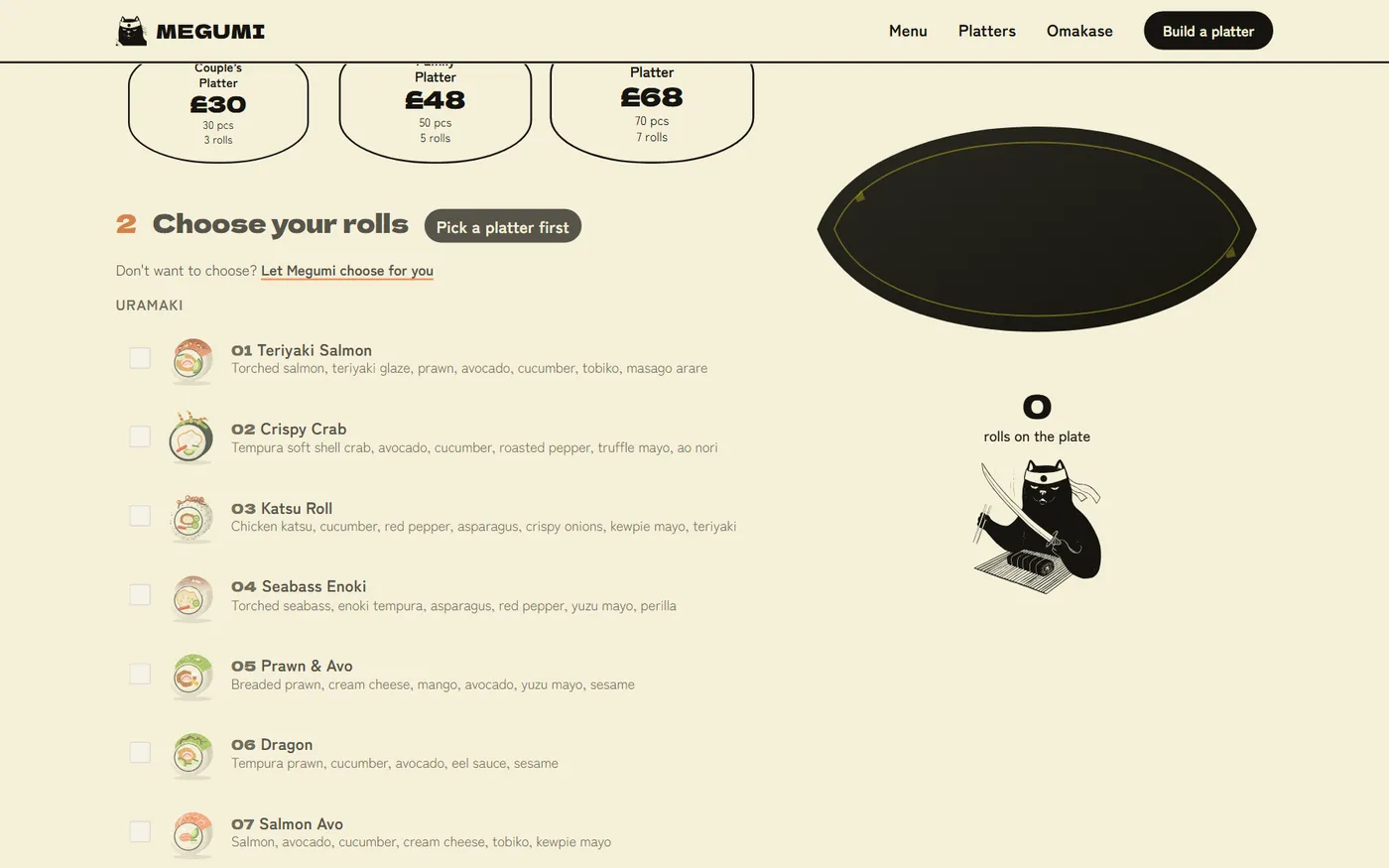 Megumi platter builder: choose a platter size, then pick your rolls