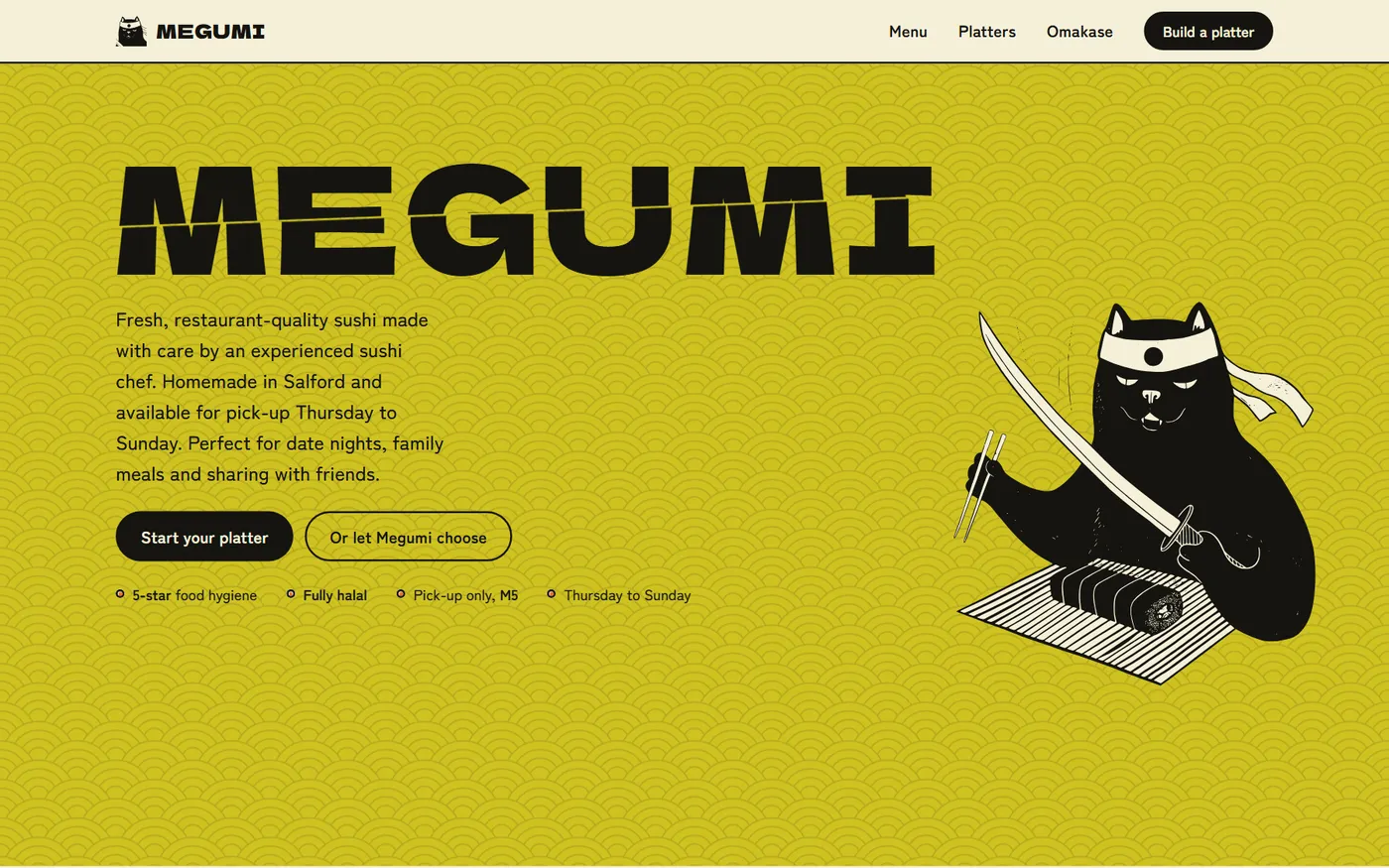Megumi homepage: the black cat mascot with a katana on the mustard seigaiha pattern