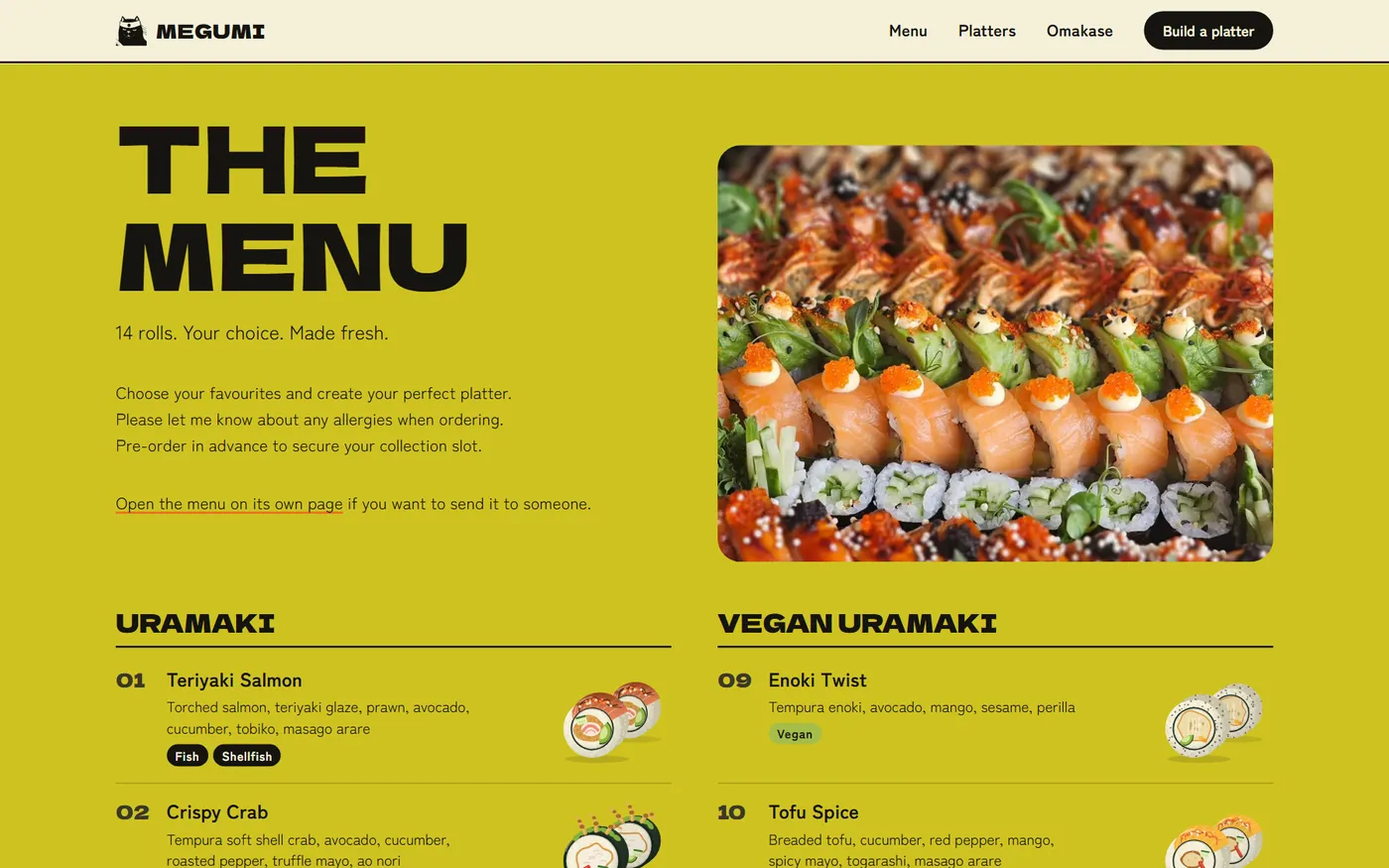 Megumi menu: fourteen illustrated sushi rolls with photos of the real food