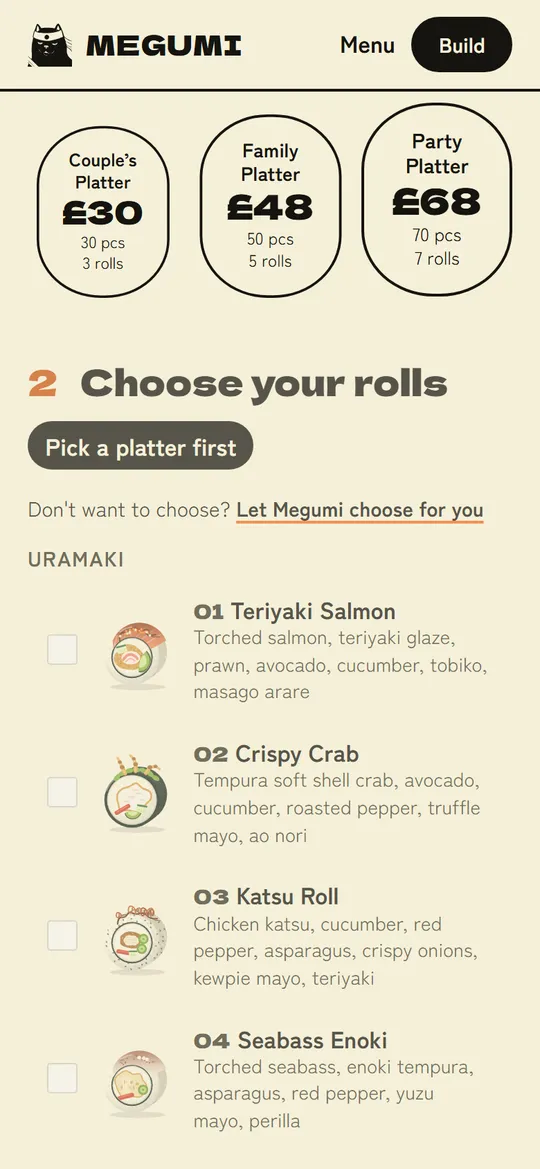 Megumi platter builder on a phone